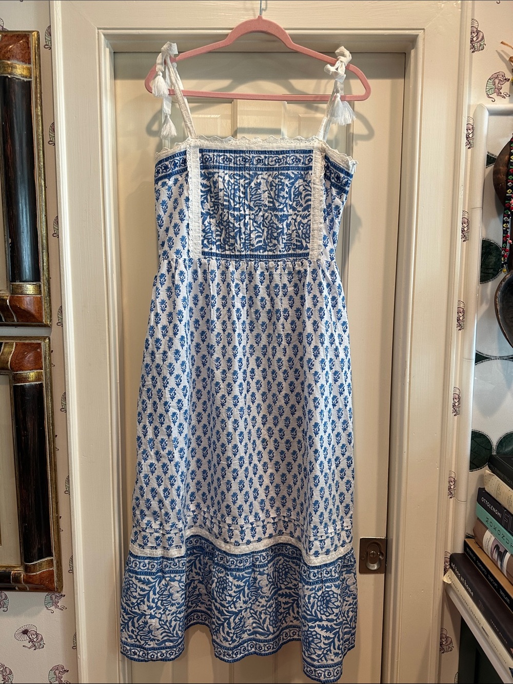 Pink City Prints Blue and White Tie-Strap Midi Dress